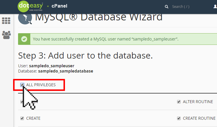 mysql create user grant all privileges to database