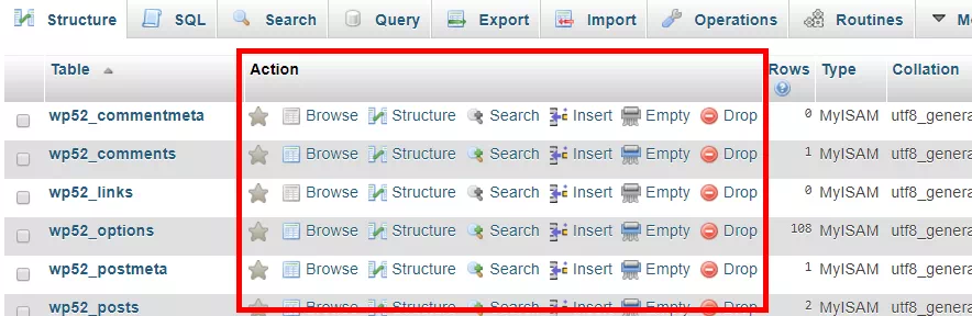 phpMyAdmin database table action