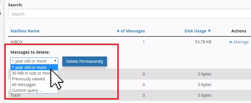 cPanel email disk usage actions