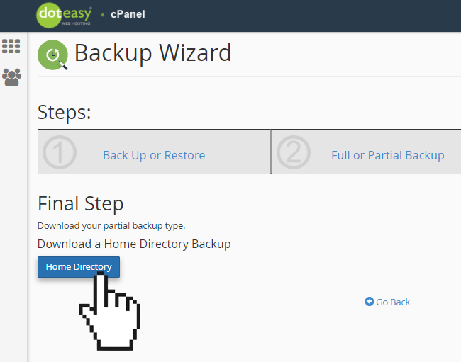 cPanel backup wizard home directory final step