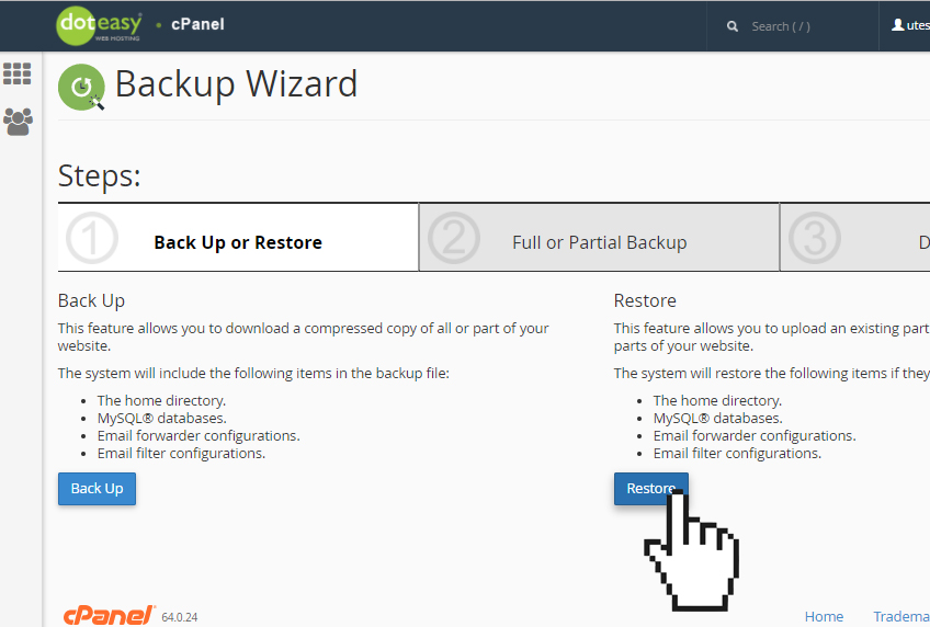 cPanel backup wizard restore