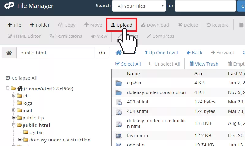 cPanel file manager upload button