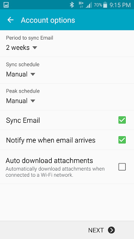 Android mail account options