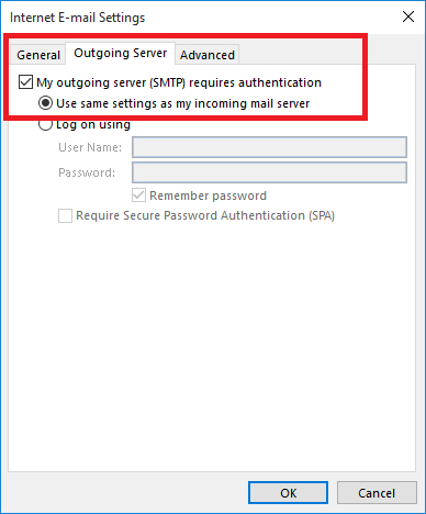 Outlook outgoing server tab
