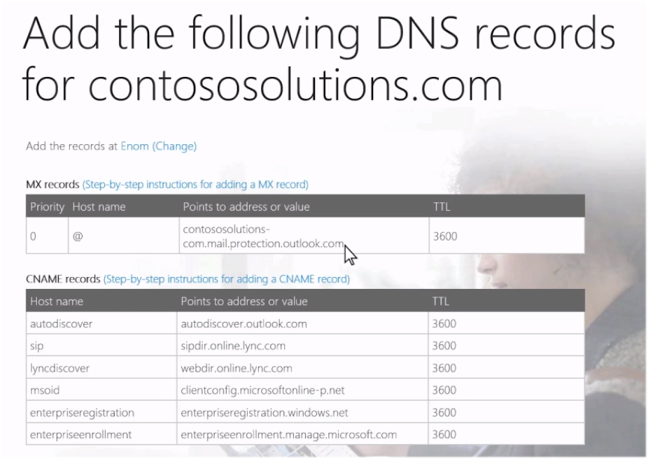 add DNS record Office 365