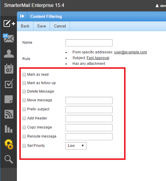 Smartermail email filter action