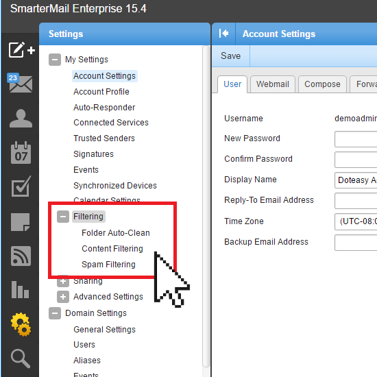 Smartermail email filter