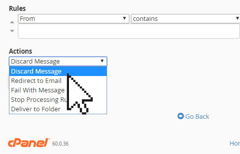 cPanel filter email actions