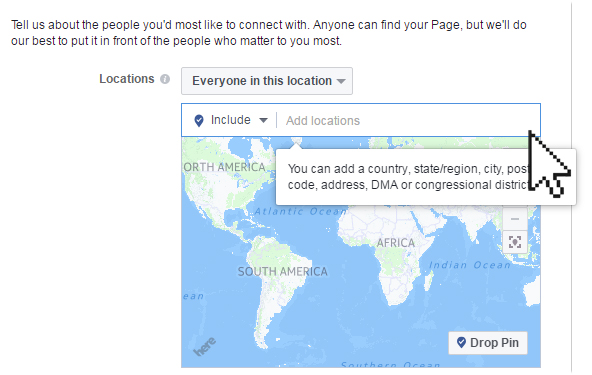 Facebook page setting location