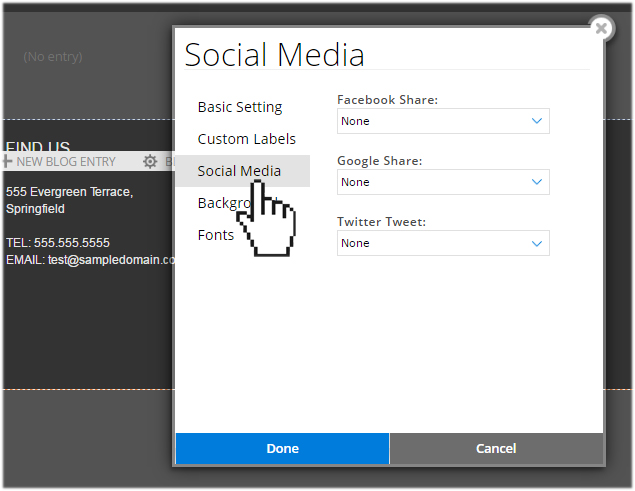 website.com blog social media settings